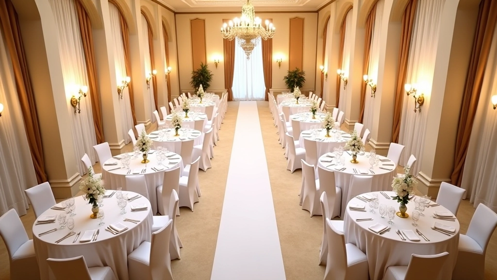 Vue aérienne d'une salle de réception avec tables disposées pour un banquet de mariage