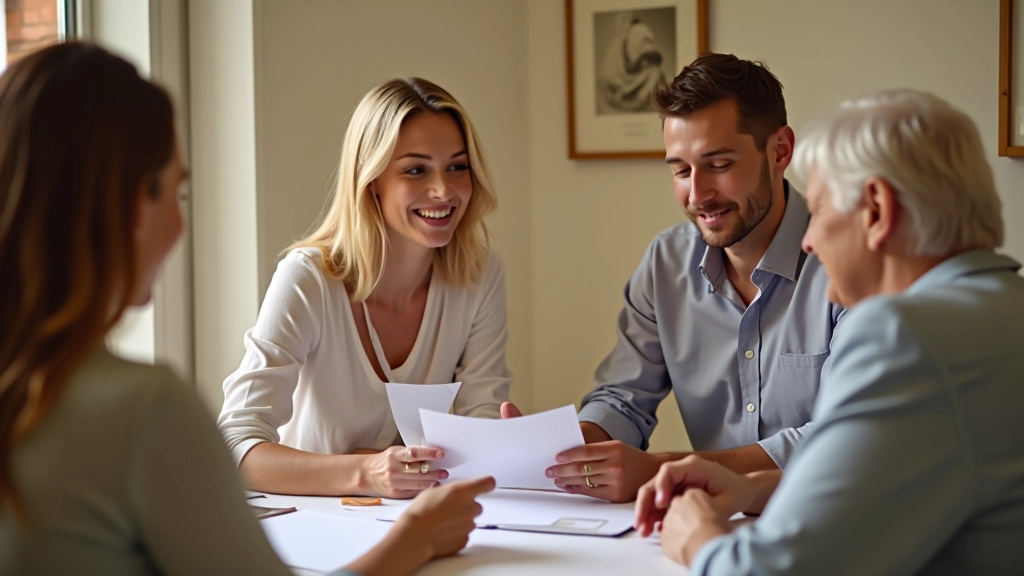 Couple discutant de la liste de mariage avec famille lors d'une réunion de planification