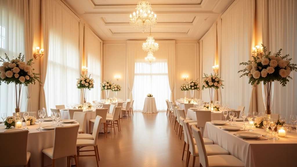 Intérieur d'une salle de mariage décorée avec chandelier en cristal et décoration élégante