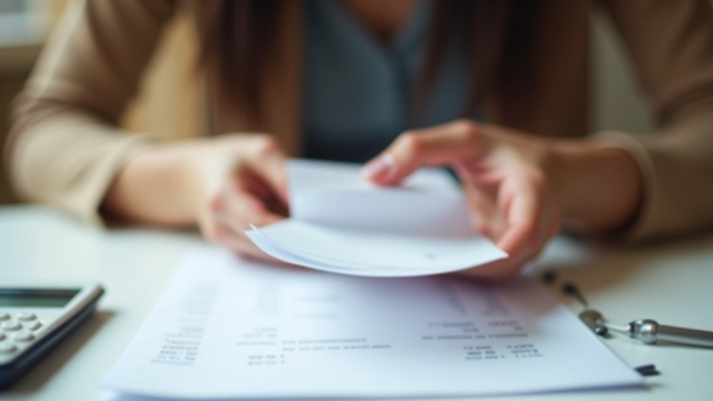 Mains tenant une calculatrice et des reçus factures, en train de faire des calculs budgétaires pour le mariage