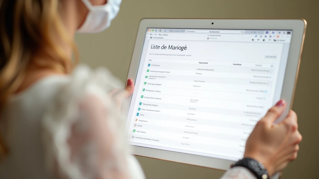 Liste de mariage affichée sur un écran avec des articles à sélectionner