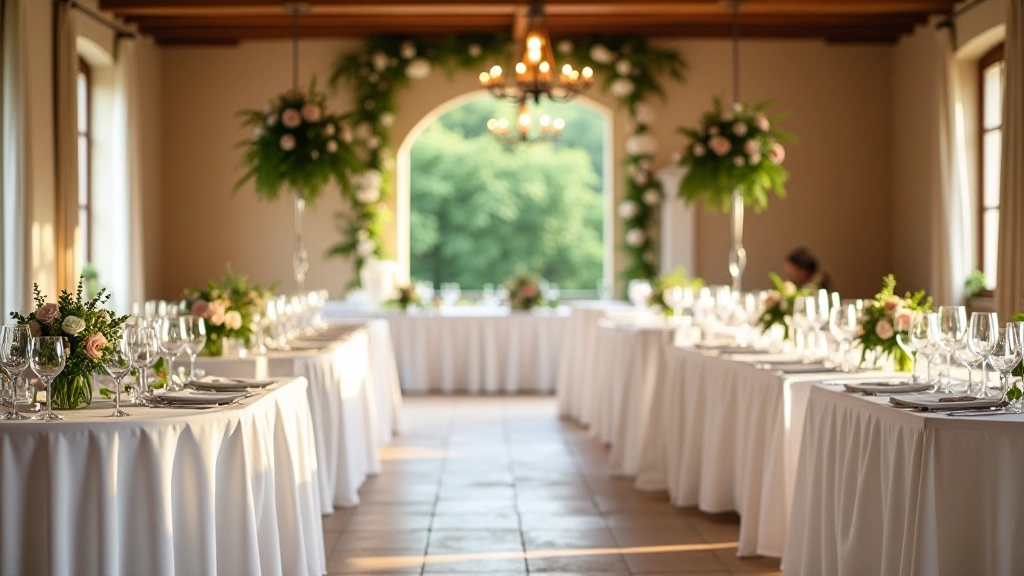 Salle de réception élégante avec tables dressées et décoration florale pour un mariage en France