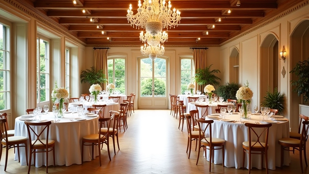 Vue aérienne d'une salle de réception élégante avec tables dressées et fleurs