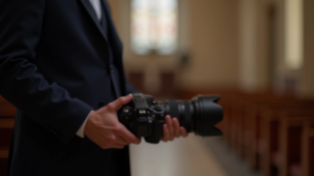 Photographe professionnel en action pendant une cérémonie de mariage à l'église