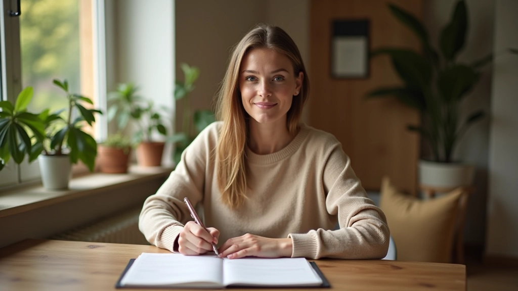 Femme prenant des notes sur sa liste de mariage sur un carnet blanc avec stylo